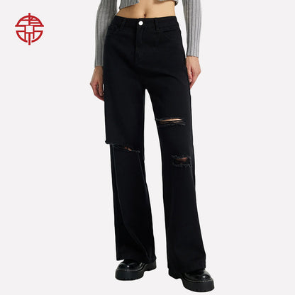 Spot cross-border European and American denim women's loose wide-leg trousers, high-waisted ripped jeans women's JEANS