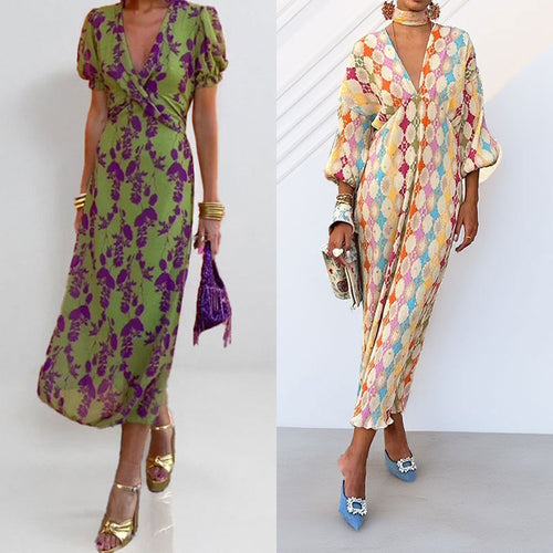 Cross-border 2026 European and American women's clothing elegant temperament print elegant V-neck lantern half sleeve A-line European and American dress for women