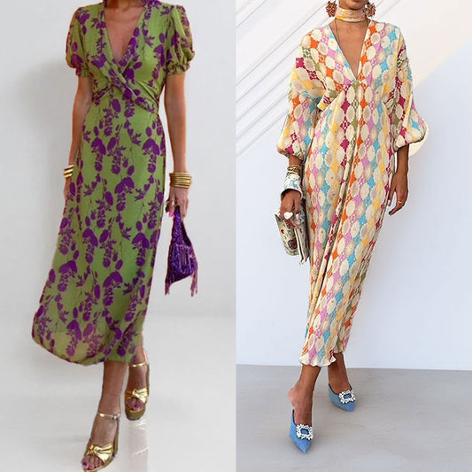 Cross-border 2026 European and American women's clothing elegant temperament print elegant V-neck lantern half sleeve A-line European and American dress for women