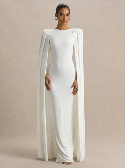 Vestido de festa para mulher estilo celebridade, novo modelo para o outono e inverno, cor sólida, gola redonda, plissado, com detalhe xaile.