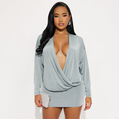 Cross-border wholesale autumn and winter new European and beautiful clothing fashion solid color sexy deep V long sleeve waist and hip dress for women