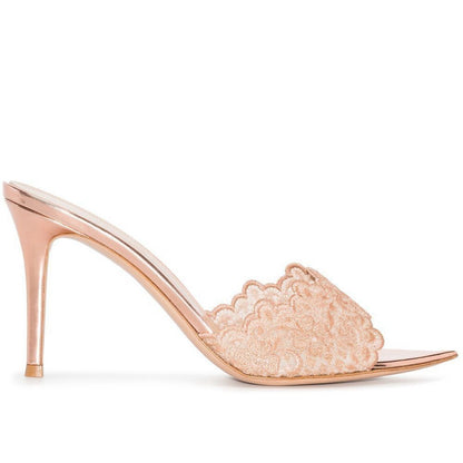 WO Huizhou 2026 Summer High Heels Light Luxury High-End Lace Pointed Toe Thin Heel Slippers European and American Fashion Temperament