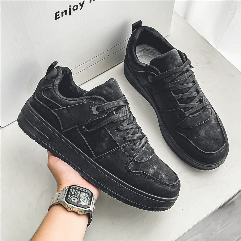 2026 Spring New Pure Black Men's Shoes: Versatile Thick-Soled Height-Increasing Casual Board Shoes, Youth Work Sports Trendy Shoes