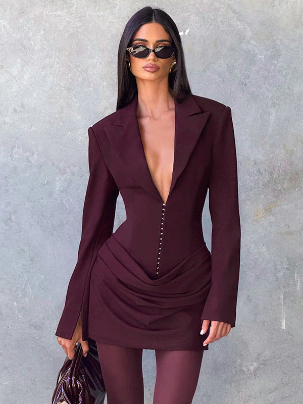 Foreign trade European and beautiful women's autumn and winter new solid color sexy deep V-neck pleats waist slimming temperament suit dress
