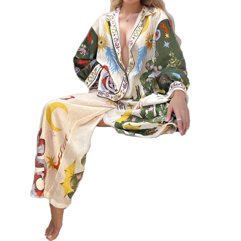 Cross-border European and American Clothing 2026 Suit New Casual Print V-Neck Shirt Wide-Leg Pants Women's Spring Suit Women's Spring Suit Women