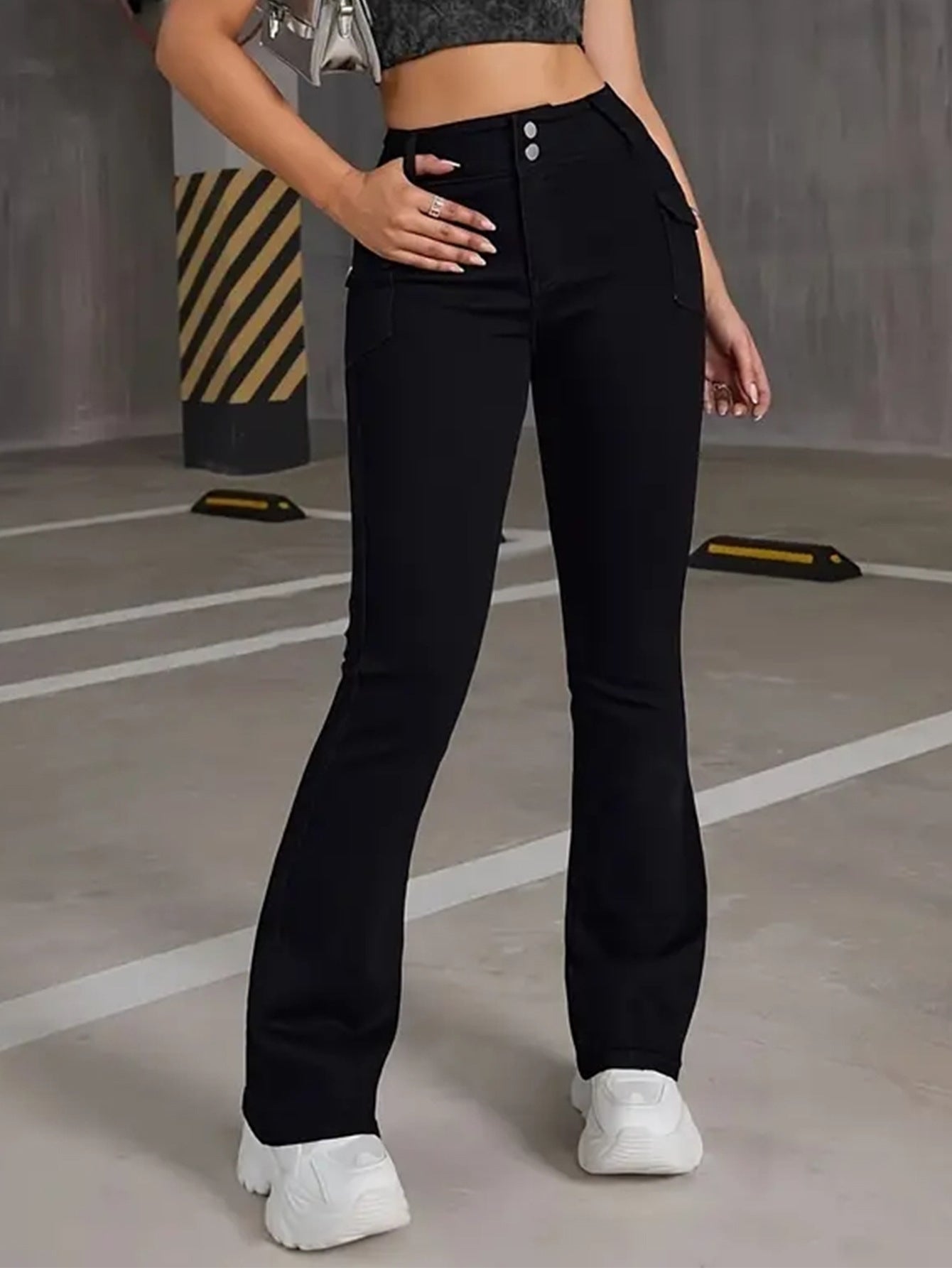 Women's jeans multi-craft pocket design black pants stretch slimming versatile flared trousers JEANS