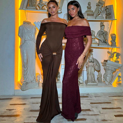 Cross-border autumn and winter new European and American women's temperament solid color sexy one-shoulder, long-sleeved lace-up slim hip dress