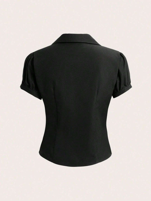 Europe and the United States 2025 Amazon wish cross-border new fashion V-neck pleated open-breasted women's slim short-sleeved shirt