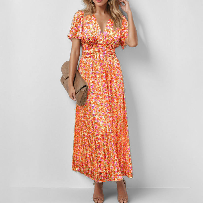 2026 spring new cross-border European beauty fashion printed temperament V-neck ruffled sleeve large swing long dress
