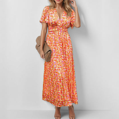 2026 spring new cross-border European beauty fashion printed temperament V-neck ruffled sleeve large swing long dress
