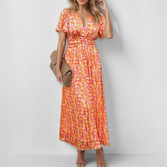 2026 spring new cross-border European beauty fashion printed temperament V-neck ruffled sleeve large swing long dress