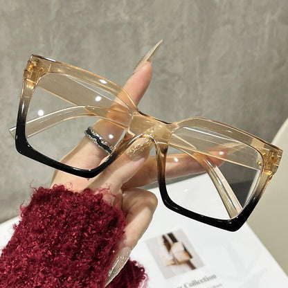 Color-blocking square large frame flat glasses for women, cross-border influencer-style blue light blocking glasses, simple and versatile bare-faced frames
