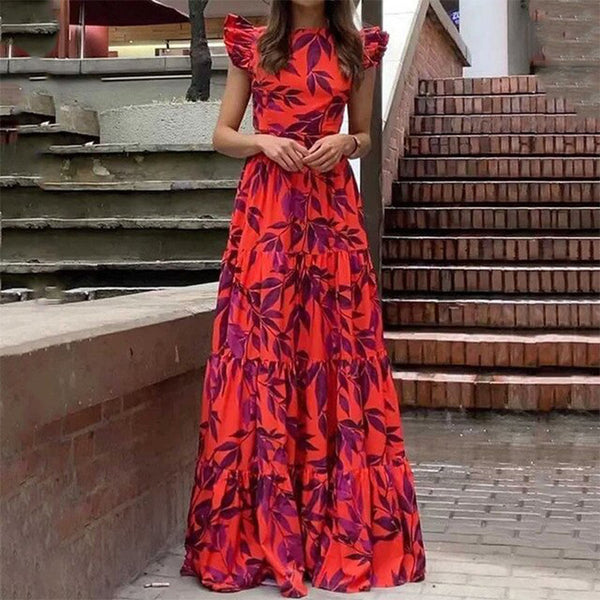 2026 spring new cross-border European and American fashion printed flying sleeve long skirt ruffled large swing dress for women