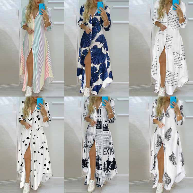 2026 spring new cross-border European and beautiful clothing temperament printed single-breasted slit shirt cross-border dress long skirt