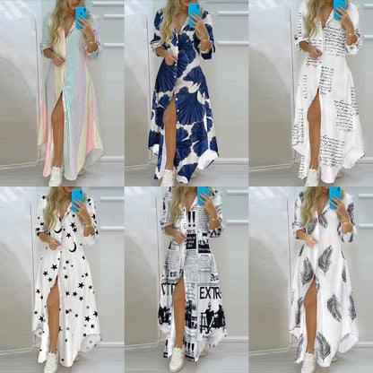 2026 spring new cross-border European and beautiful clothing temperament printed single-breasted slit shirt cross-border dress long skirt