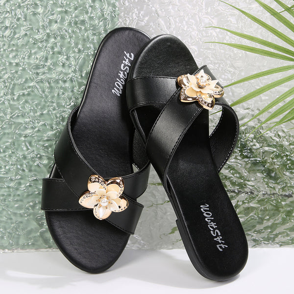Cross-border foreign trade women's shoes in-stock wholesale fashion slippers, classic versatile solid color metallic decorative square-toe flat sandals