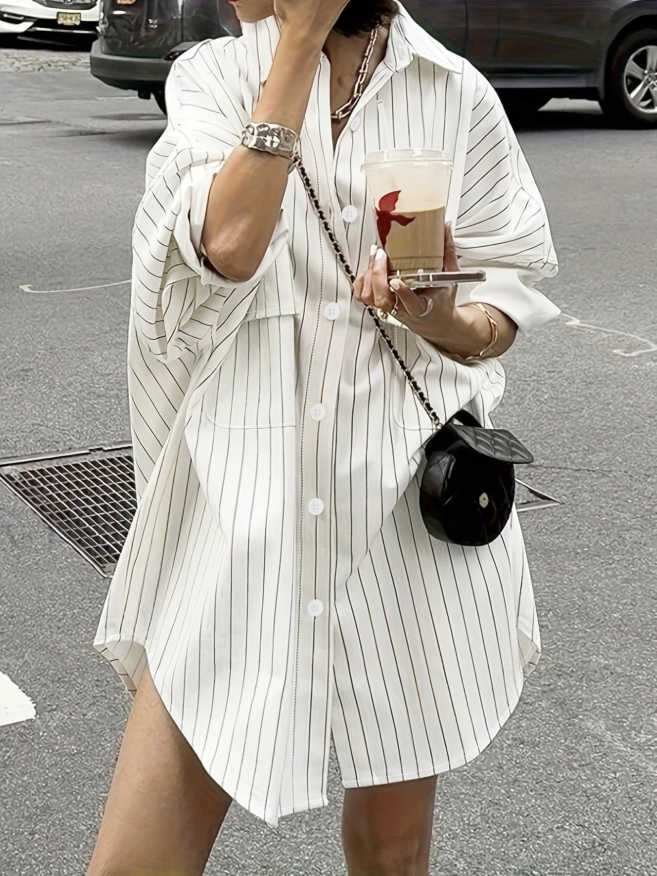 Cross-border loose and lazy vertical stripe loose shirt for women, mid-length long-sleeve shirt for spring and summer