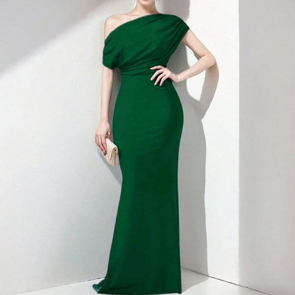2025 Summer Amazon Cross-border European and American Fashion New Temperament Elegant and Fashionable Solid Color Hip Wrapping Slanted Shoulder Dress - view 2 | Ciaura