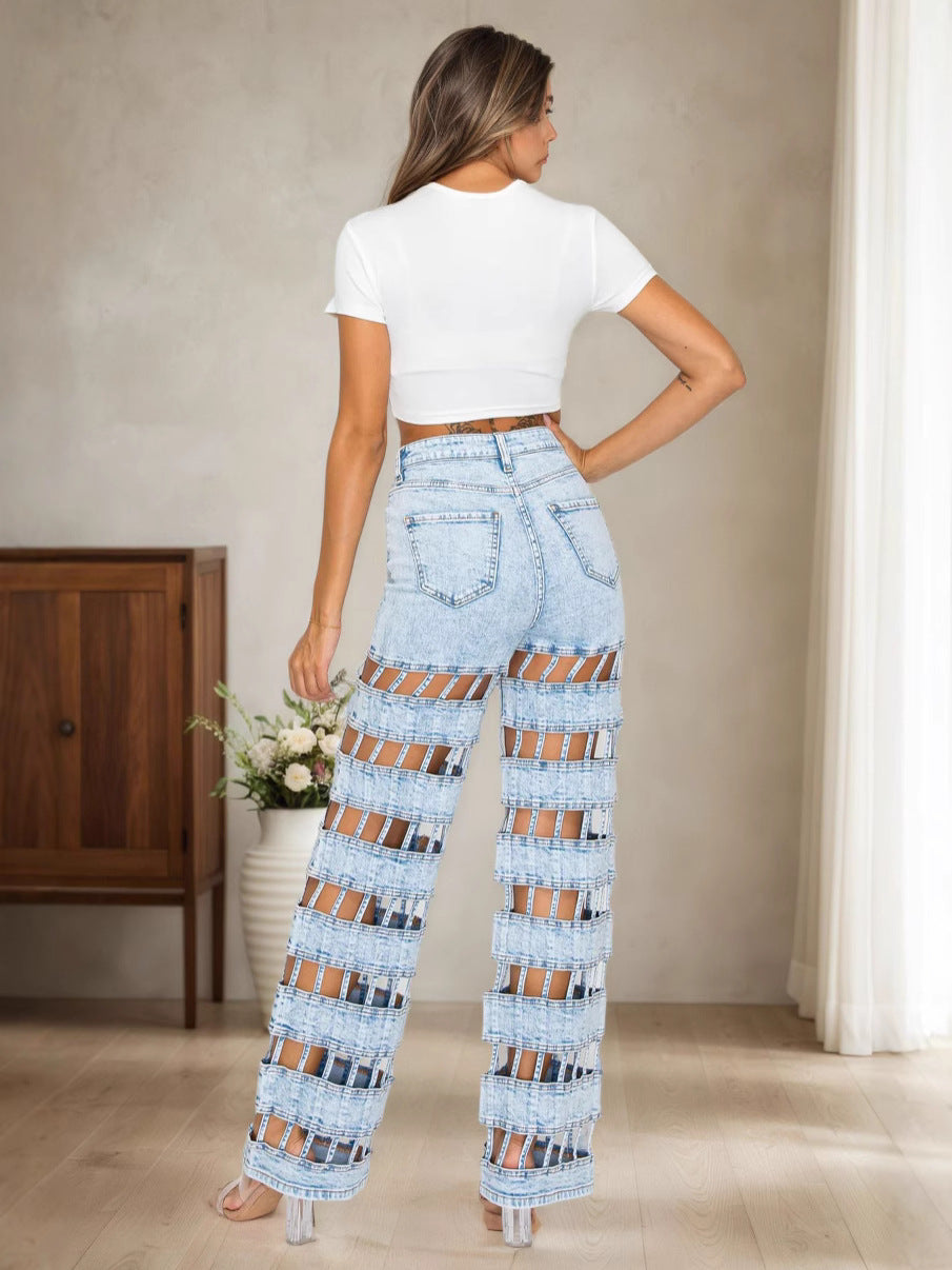 European and American women's ripped jeans Amazon cross-border women's new street fashion hollow high-waisted straight-leg pants