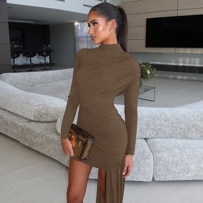 Cross-border European and American women's clothing 2025 autumn new fashion solid color crew neck pleated hip streamer long-sleeved dress for women