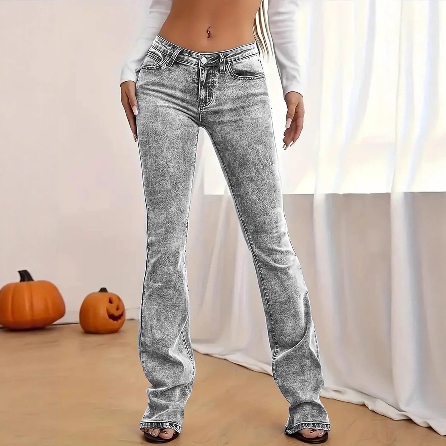 European and American cross-border simple gray jeans washed and versatile slim slimming stretch denim trousers JEANS