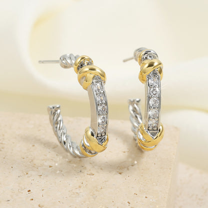 European and American gold and silver two-tone twisted C-ring earrings, slightly inlaid zircon half-ring earrings, cross-border light luxury color-block twisted studs