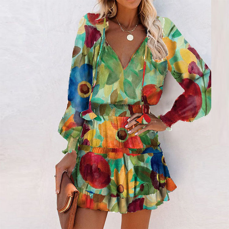 2025 Autumn Cross-border Women's Clothing European and American Autumn New Contrast Color Print Waist Cinched Long Sleeve Dress Women's 661