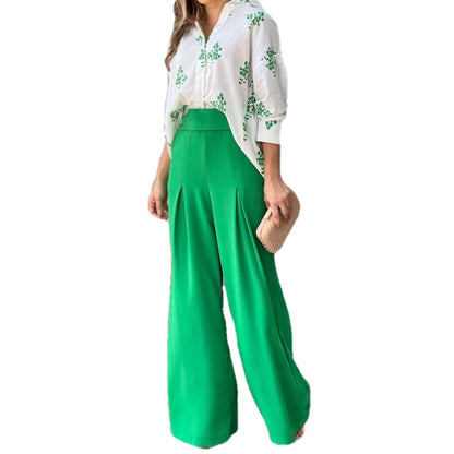 2025 European and American clothing temperament loose printed shirt women's high-waisted wide-leg pants fashion suit women's two-piece set 661