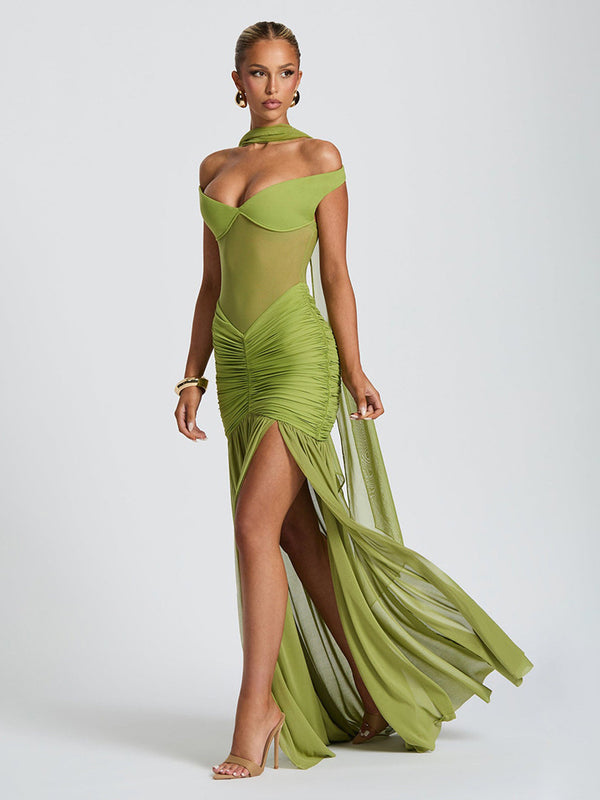 Cross-border new European and American clothing solid color V-neck sexy mesh splicing pleats high slit slim hip dress - view 2 | Ciaura