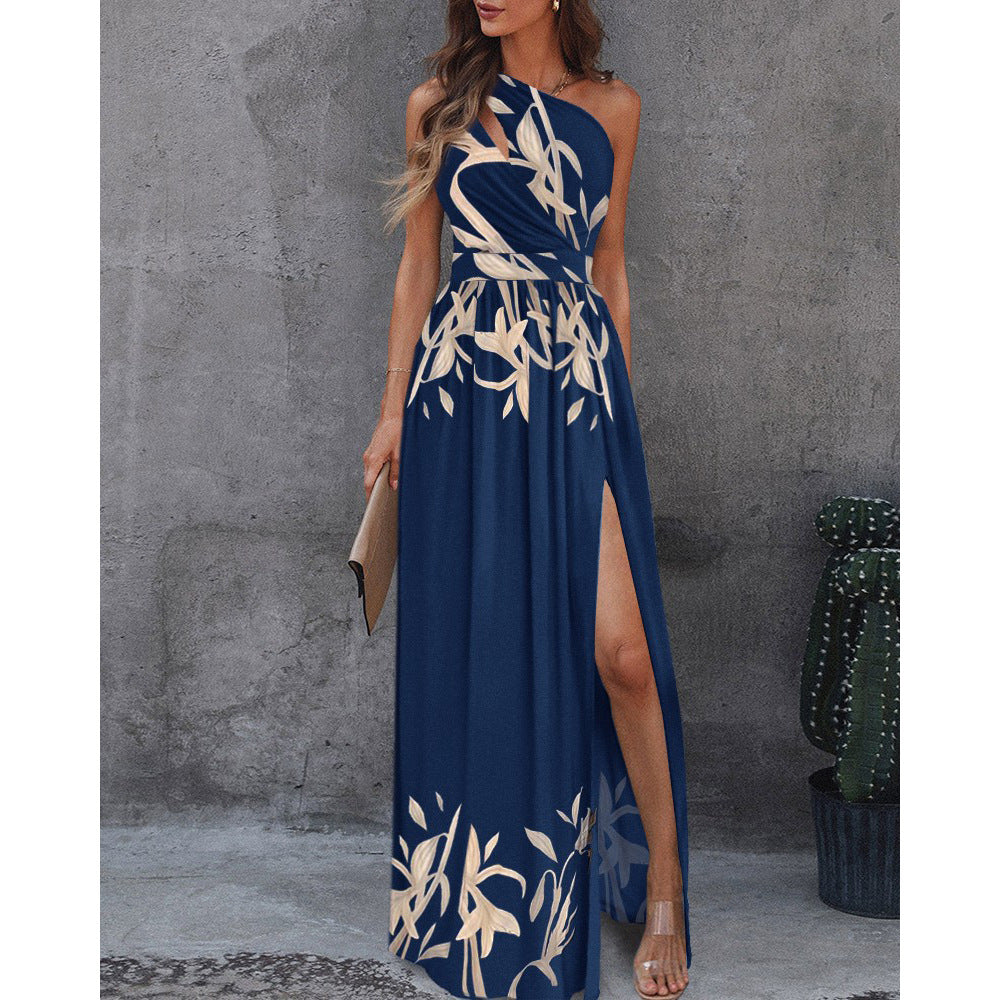 2026 spring new European and American clothing foreign trade slanted shoulder temperament dress sleeveless sexy high-waisted slit dress