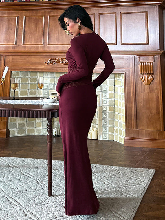 Foreign trade autumn and winter new European and beautiful women's clothes round neck long sleeve waist lace splicing slim slimming hip hugging dress for women - view 2 | Ciaura