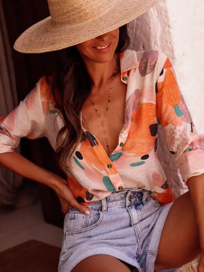 Cross-border European and American temperament casual summer new long-sleeved printed lapel shirt casual holiday women's shirt