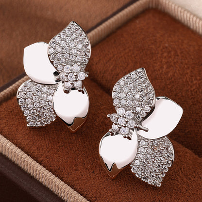Cross-border bestseller zircon leaf geometric tassel earrings, European and American fashion, high-end stud earrings, elegant earrings wholesale for women