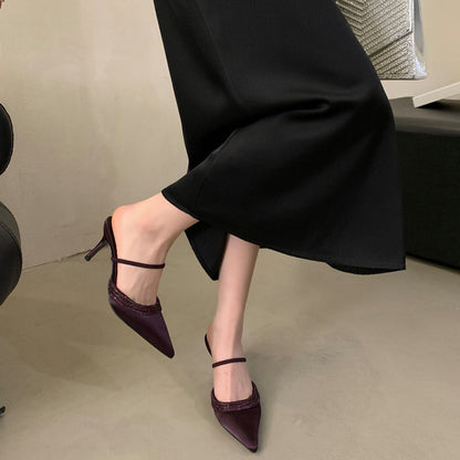 Spring 2026 rhinestone-embellished silk satin pointed heels heeled heels women's shoes wrapped toe shallow half slippers European and American style