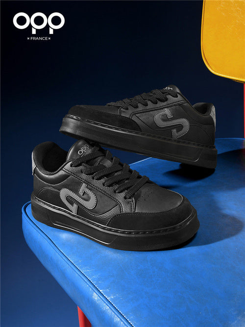 OPP men's shoes spring thick sole comfortable classic leather popular versatile athleisure low-top black board shoes for men