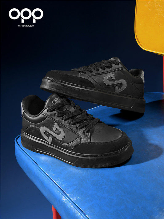 OPP men's shoes spring thick sole comfortable classic leather popular versatile athleisure low-top black board shoes for men