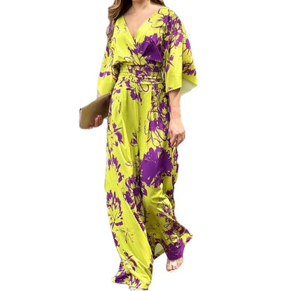 2026 spring new cross-border European and beautiful clothing temperament elegant printed loose bat sleeve high-waisted jumpsuit