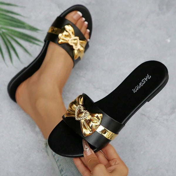 Cross-border women's shoes: new fashion slippers, bow buckles, versatile solid color decorations, round toe flat sandals