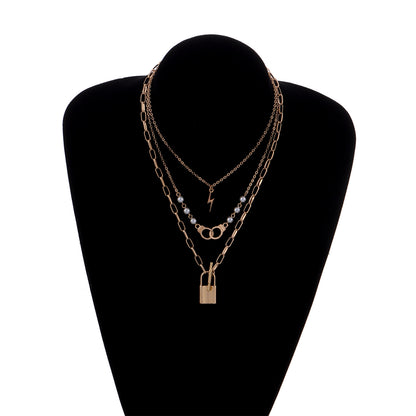 European and American cross-border jewelry, handcuffs, lightning pearls, lock pendants, necklaces, women's personality, fashion temperament, multi-layer necklaces