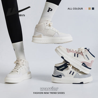 Pull-back color-blocking high-top platform shoes, American preppy style, high-value board shoes, women's leg-length design casual shoes