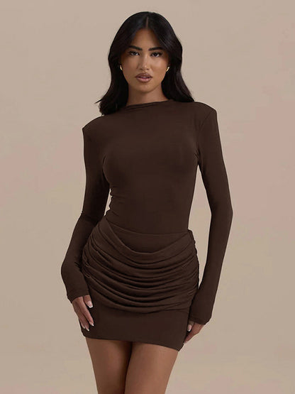 Cross-border autumn new women's solid color round pleated slim hip skirt long sleeves waist slimming temperament dress