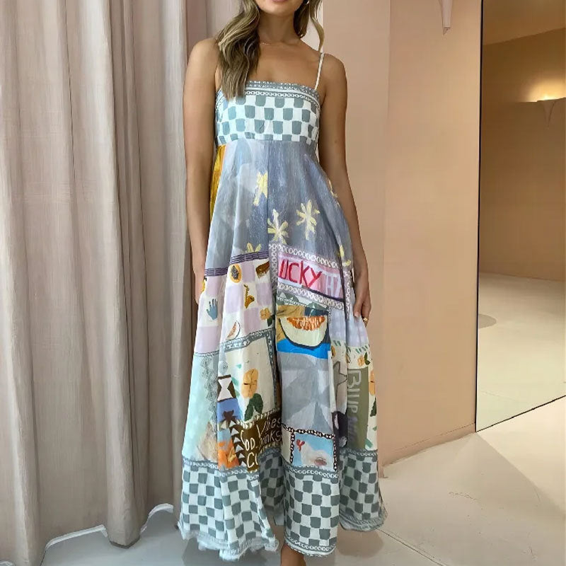 2026 Spring New Dresses European and American Sleeveless Collarless High Waist Printed Women's Large Swing Slip Dress