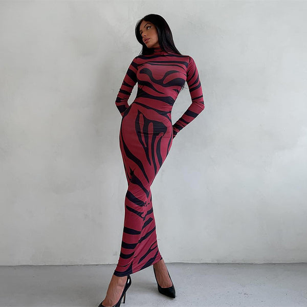 Cross-border wholesale European and American women's clothing 2024 autumn and winter new personality print half-high neck long sleeve slim hip wrap dress