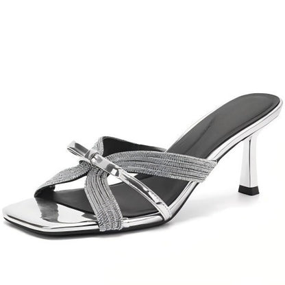 2026 thin heel square toe half-slipped sandals wear summer rhinestone high heels women's silver sandals Internet celebrity bow style