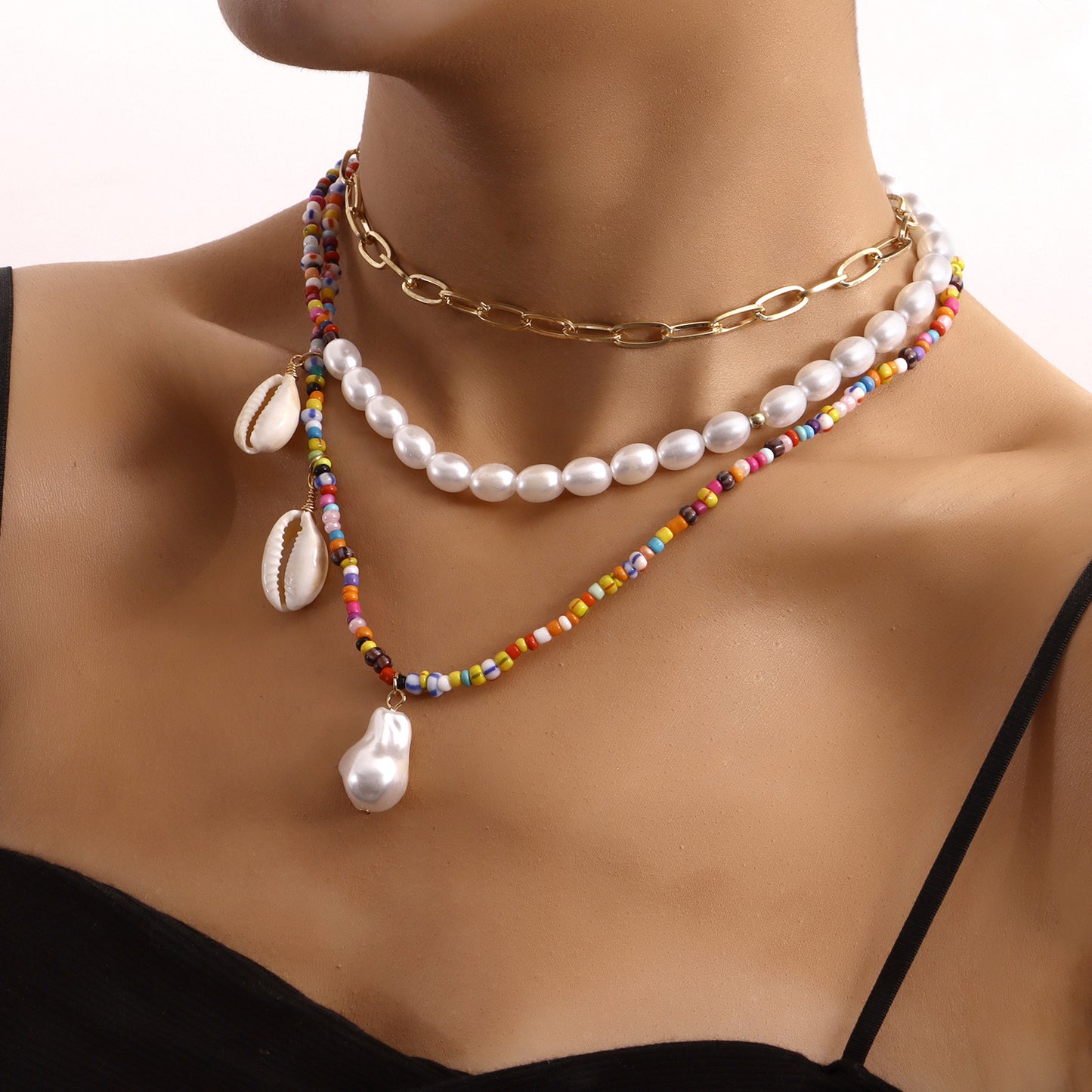 European and American cross-border jewelry bohemian multi-layer trend color rice beads special-shaped pearl shell pendant necklace women