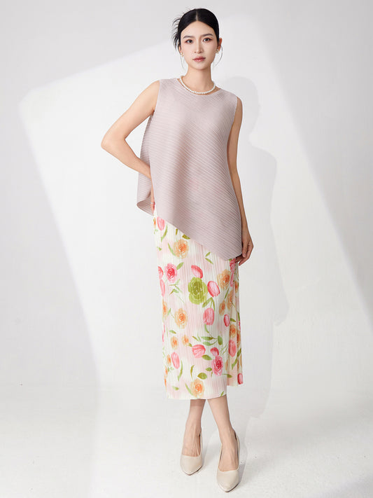 女装搭配一整套遮肚子不规则无袖T恤印花包臀半身裙时尚褶皱套装