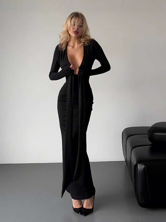 Cross-border autumn new temperament solid color streamer slim long-sleeved dress sexy deep V-neck slimming hip-hugging skirt for women