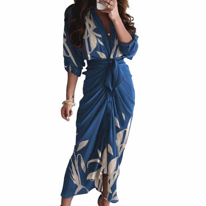 2026 spring new cross-border European and beautiful clothing temperament elegant and sexy print V-neck strap high-waisted dress for women