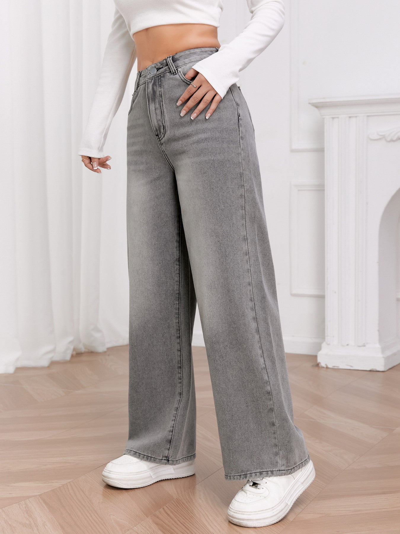 European and American foreign trade cross-border women's clothing European trend washed sky gray high-waisted wide-leg denim trousers WOMEN JEANS