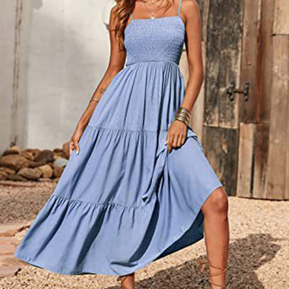 Cross-border summer European and American new Amazon women's solid color bandeau waist ruffle slip dress women's 661